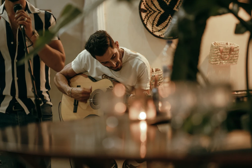 Acoustic Guitar Live Music at Villa Party at The Yogi Surfer in Taghazout Bay, Morocco.