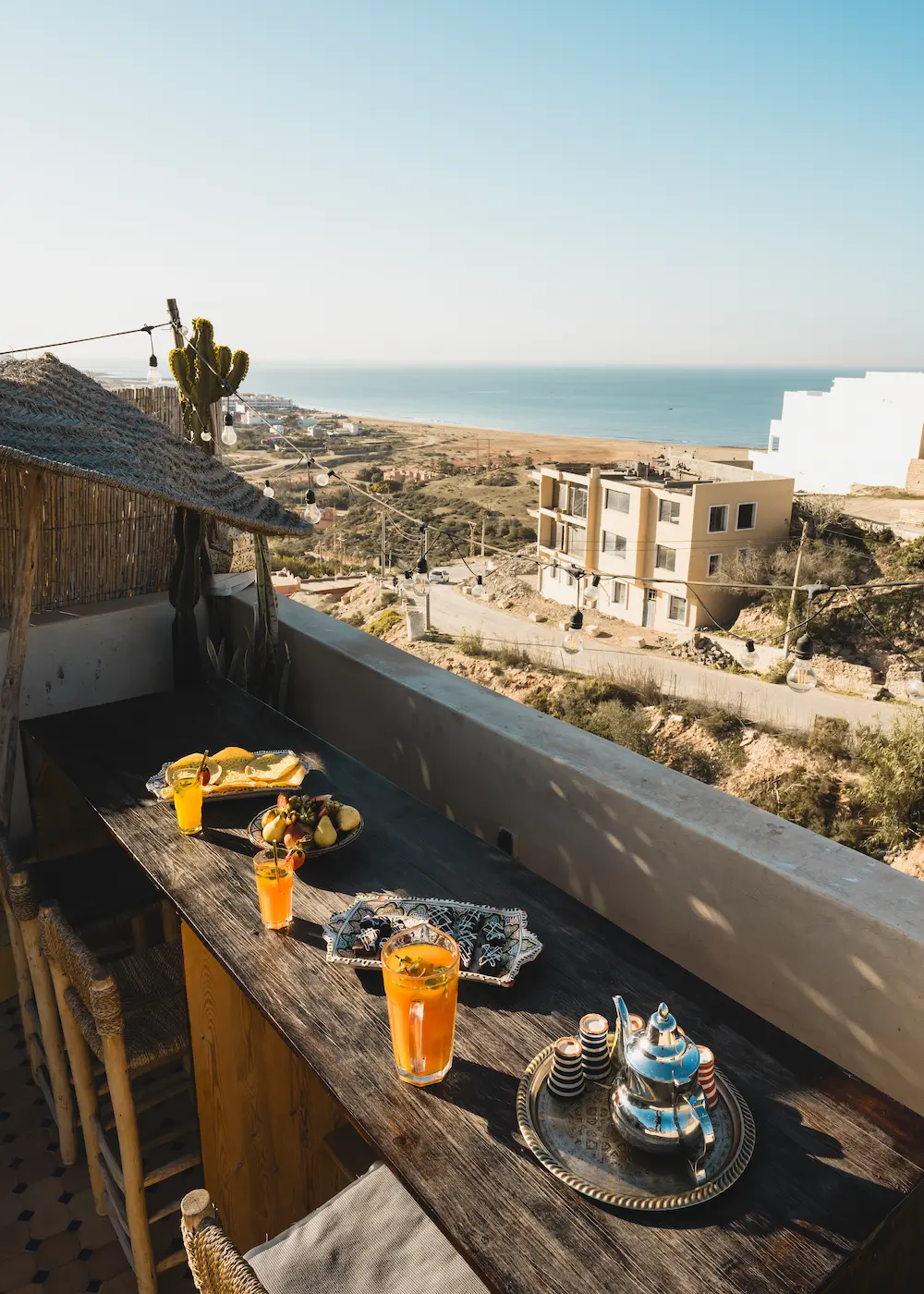 Breakfast laid out on the rooftop terrace in the morning