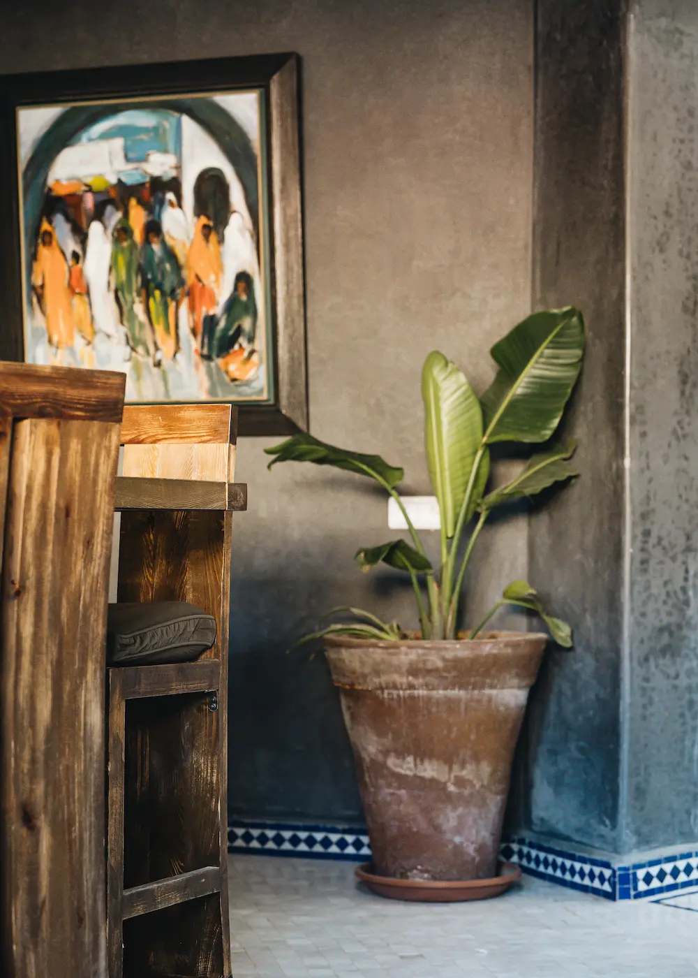 Potted greenery against a white interior wall
