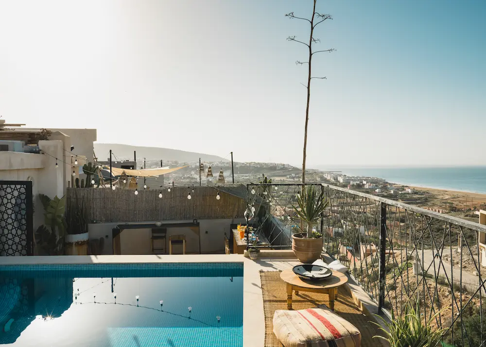 The swimming pool at the surf camp in Tamraght