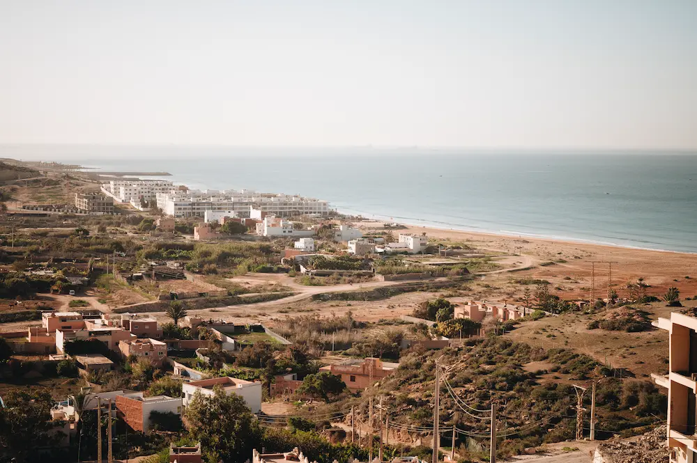 The Atlantic seen from the terrace, with Taghazout Bay stretching along the coast